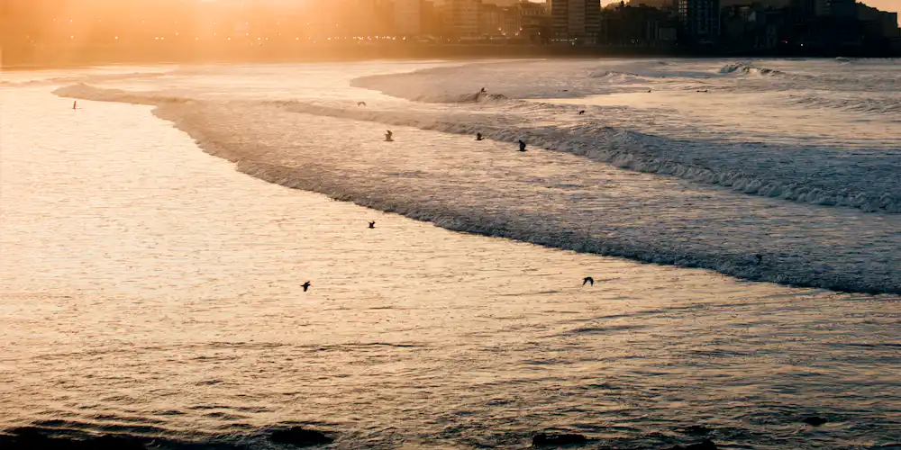 La playa de San Lorenzo de Gijón al atardecer, con la ciudad recortada al fondo